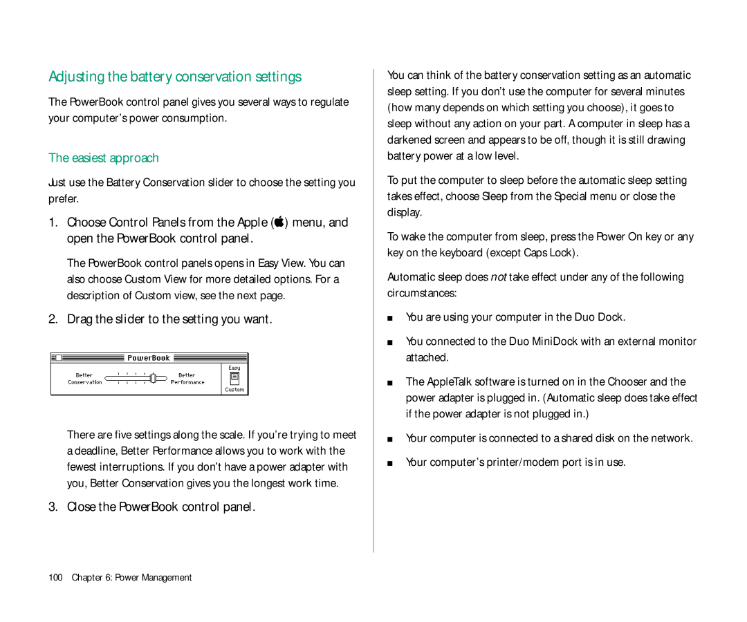 Apple Duo 270C Adjusting the battery conservation settings, Easiest approach, Drag the slider to the setting you want 