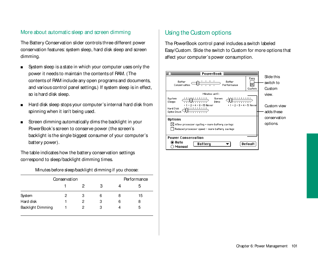 Apple Duo 270C manual Using the Custom options, More about automatic sleep and screen dimming, System Hard disk 