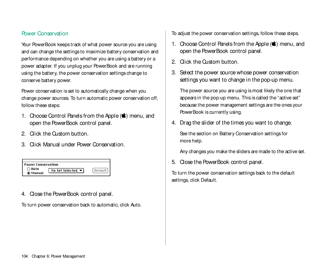 Apple Duo 270C manual Power Conservation, To turn power conservation back to automatic, click Auto, Click the Custom button 