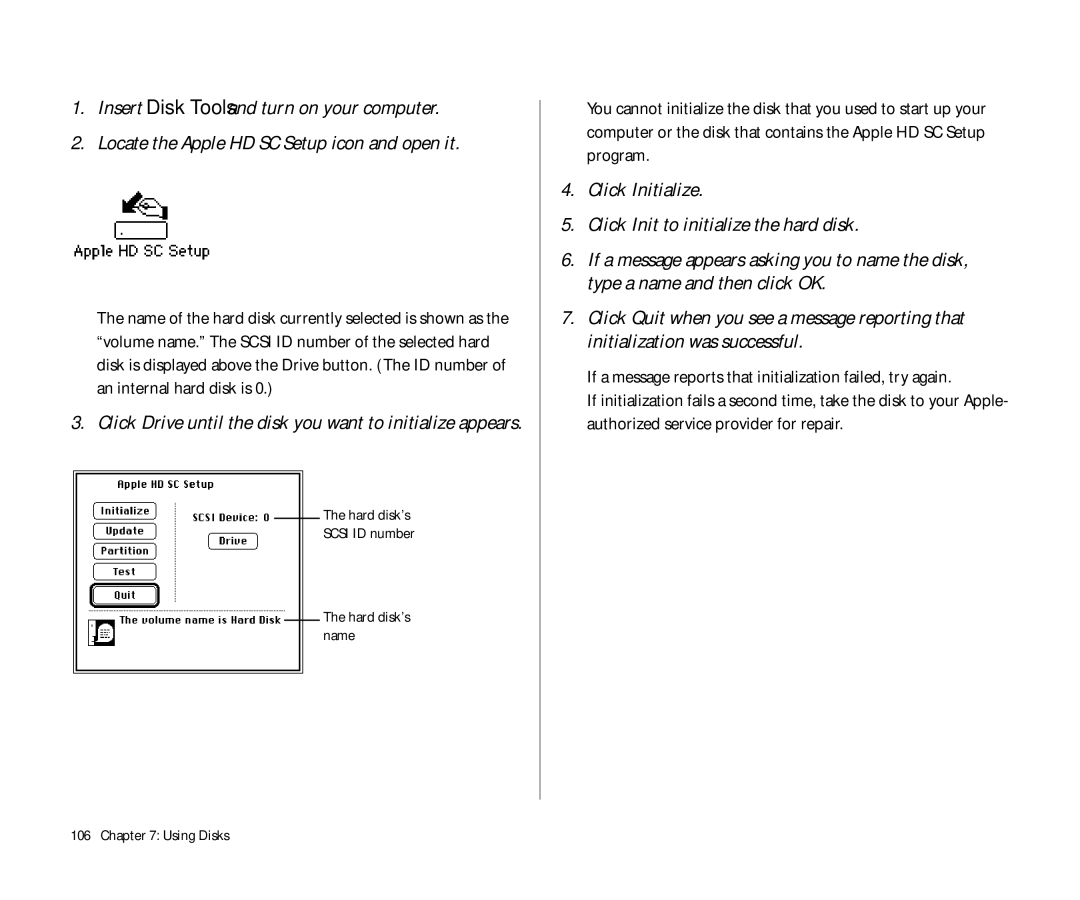 Apple Duo 270C manual Click Initialize Click Init to initialize the hard disk, Hard disk’s Scsi ID number Hard disk’s name 