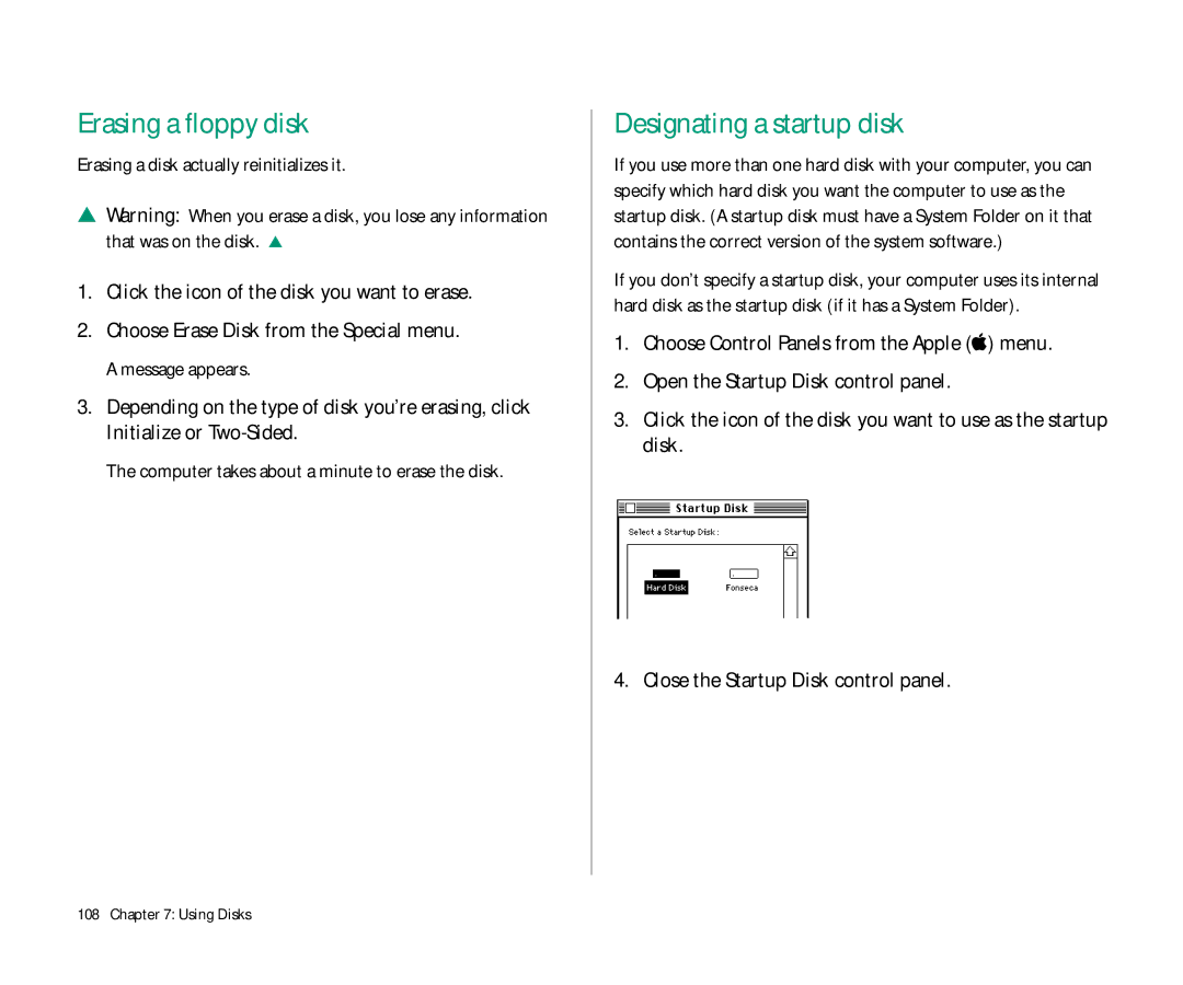 Apple Duo 270C manual Erasing a floppy disk, Designating a startup disk, Click the icon of the disk you want to erase 