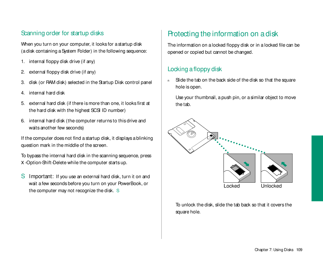 Apple Duo 270C manual Protecting the information on a disk, Scanning order for startup disks, Locking a floppy disk 