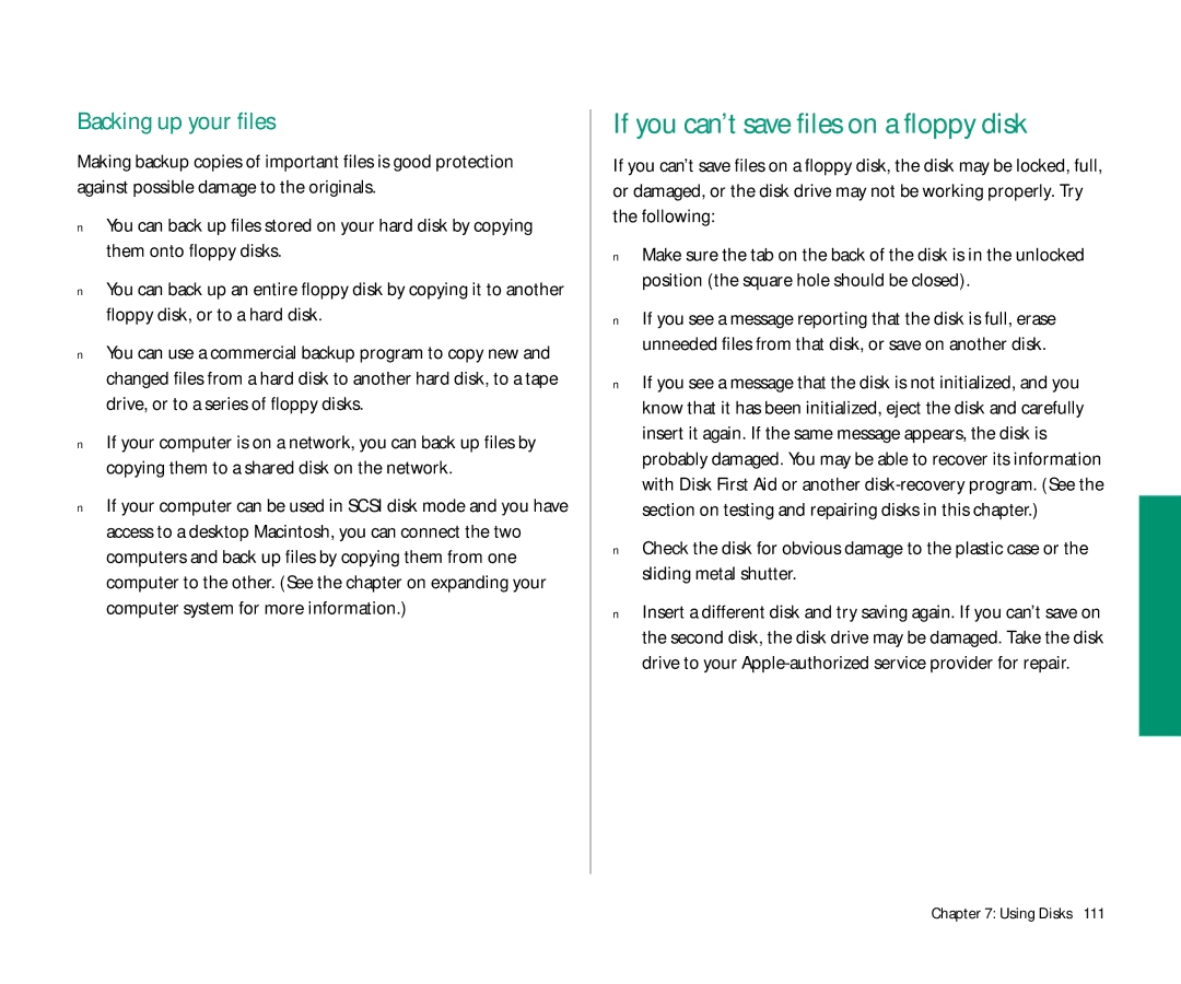 Apple Duo 270C manual If you can’t save files on a floppy disk, Backing up your files 