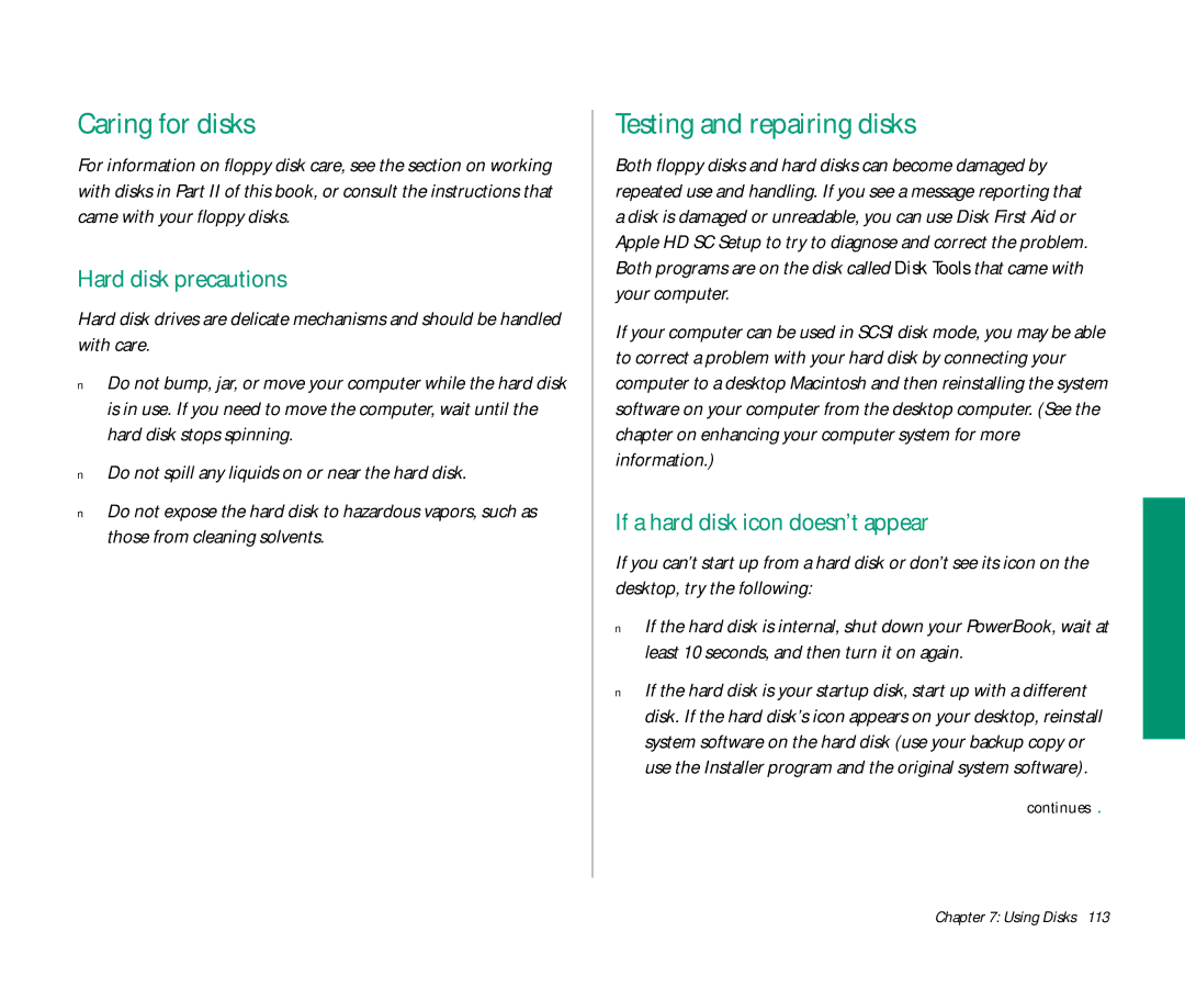 Apple Duo 270C Caring for disks, Testing and repairing disks, Hard disk precautions, If a hard disk icon doesn’t appear 