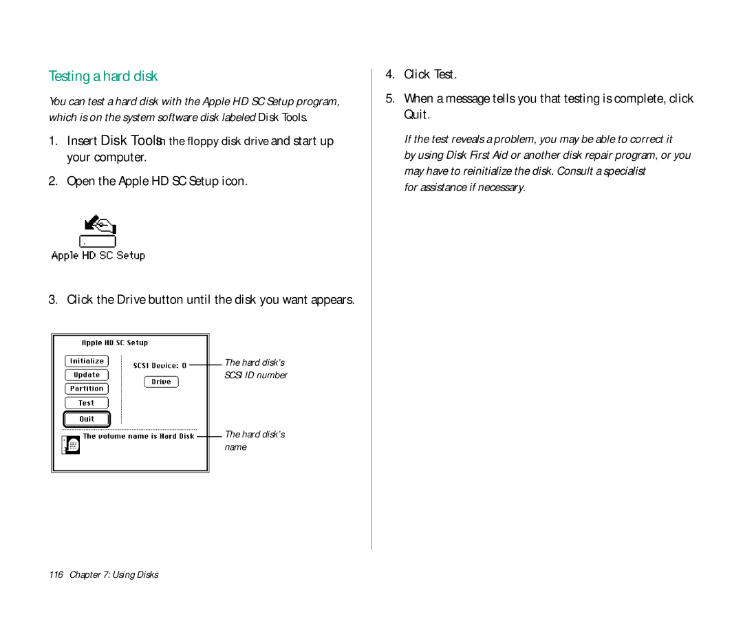 Apple Duo 270C manual Testing a hard disk, Open the Apple HD SC Setup icon, For assistance if necessary 