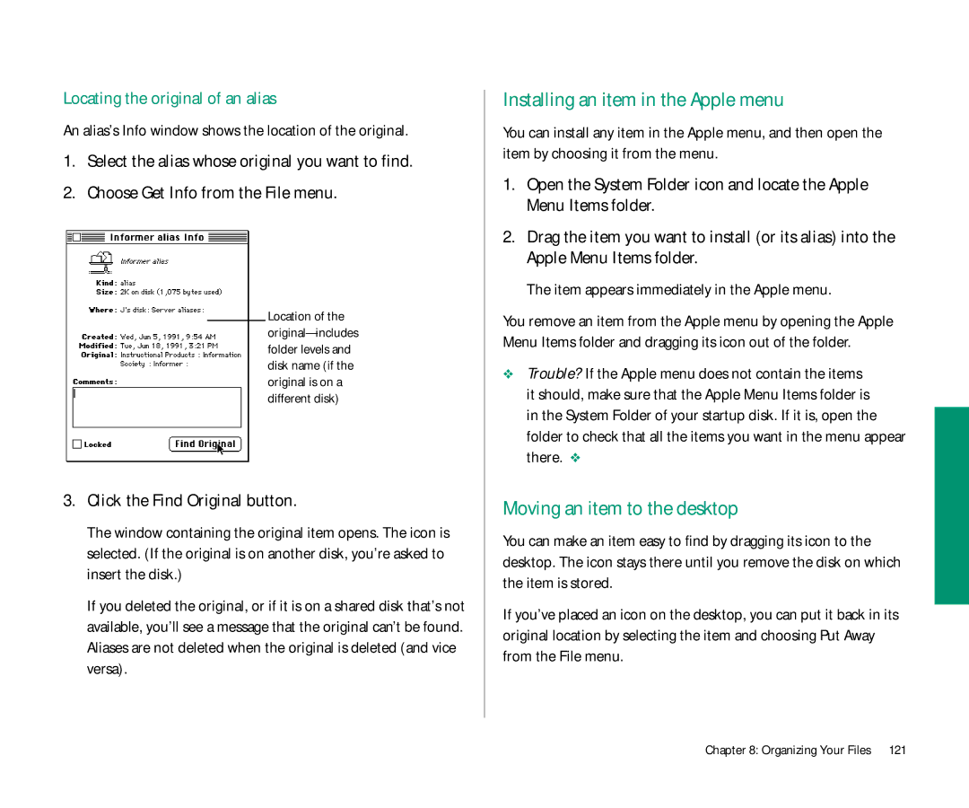 Apple Duo 270C Installing an item in the Apple menu, Moving an item to the desktop, Locating the original of an alias 