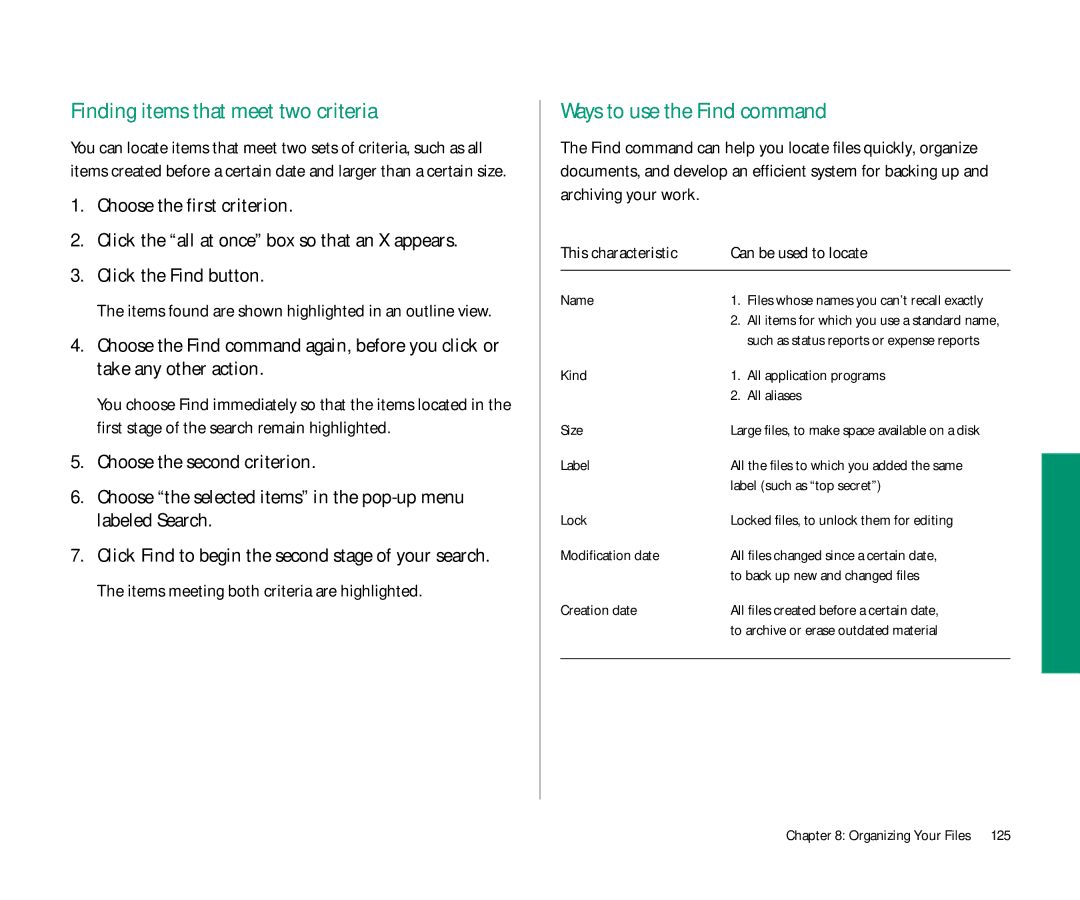 Apple Duo 270C manual Finding items that meet two criteria, Ways to use the Find command 