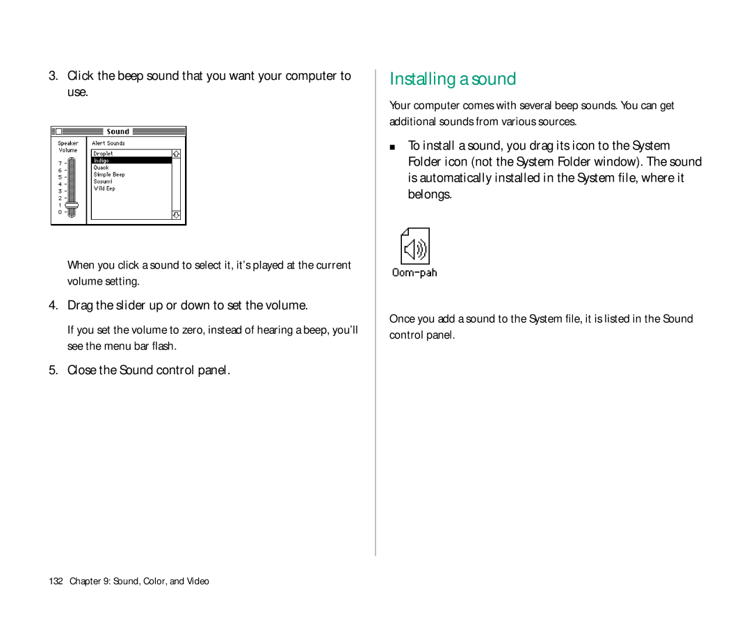 Apple Duo 270C Installing a sound, Click the beep sound that you want your computer to use, Close the Sound control panel 