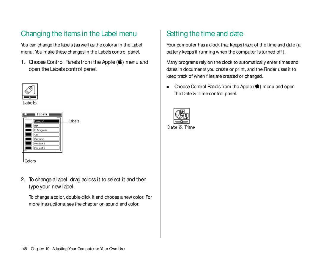 Apple Duo 270C manual Setting the time and date, Labels Colors 