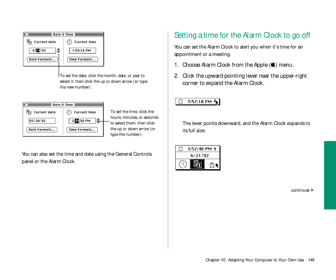 Apple Duo 270C manual Setting a time for the Alarm Clock to go off, Choose Alarm Clock from the Apple K menu 