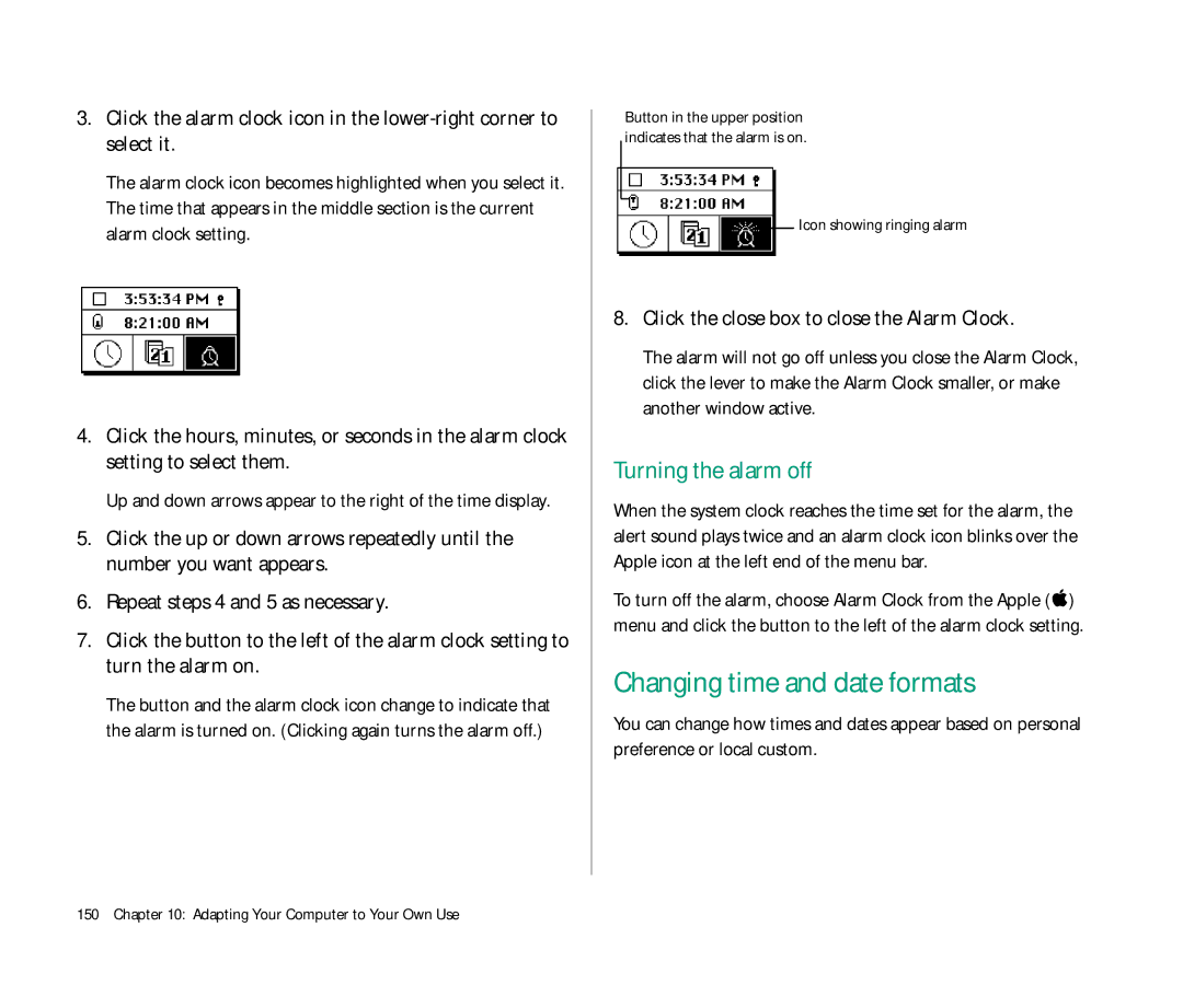 Apple Duo 270C manual Changing time and date formats, Turning the alarm off, Click the close box to close the Alarm Clock 