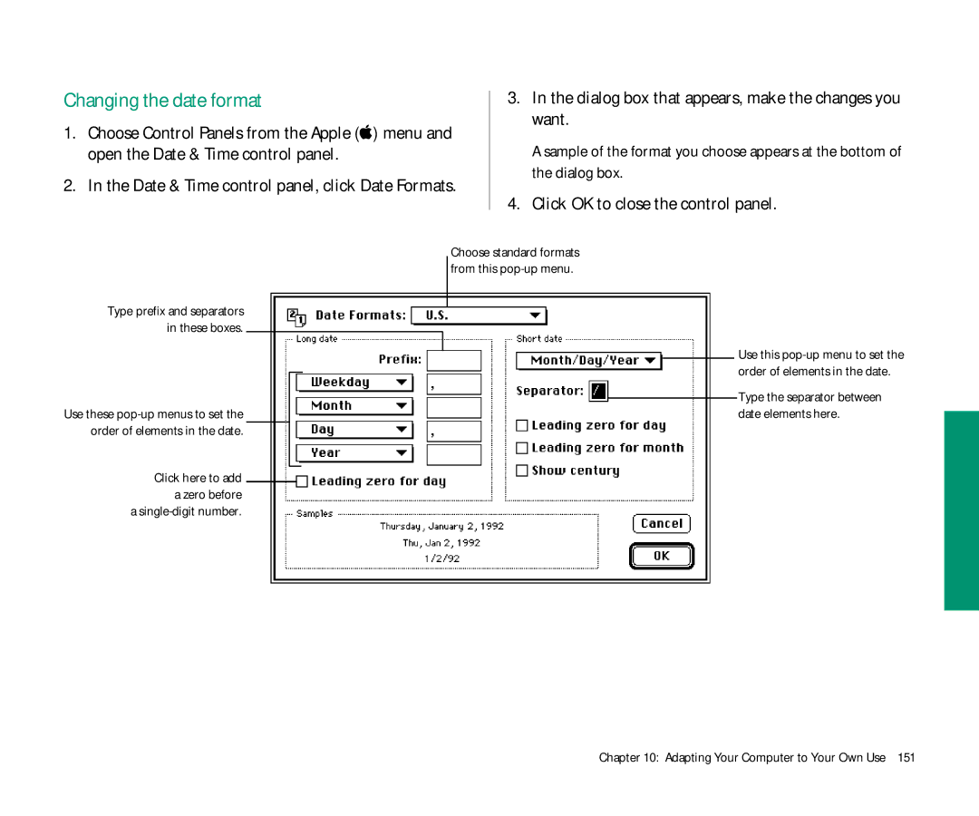 Apple Duo 270C manual Changing the date format, Dialog box that appears, make the changes you want 