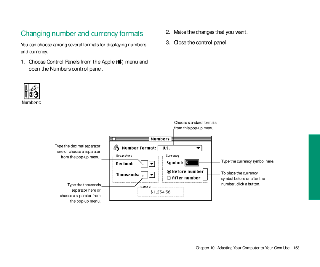 Apple Duo 270C manual Make the changes that you want Close the control panel, Type the currency symbol here 