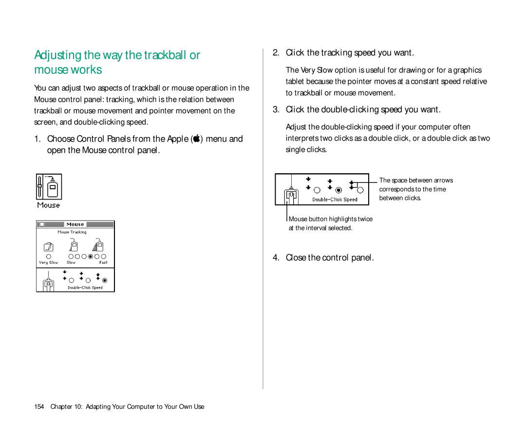 Apple Duo 270C manual Adjusting the way the trackball or mouse works, Click the double-clicking speed you want 