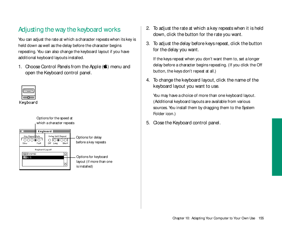 Apple Duo 270C manual Adjusting the way the keyboard works, Close the Keyboard control panel 