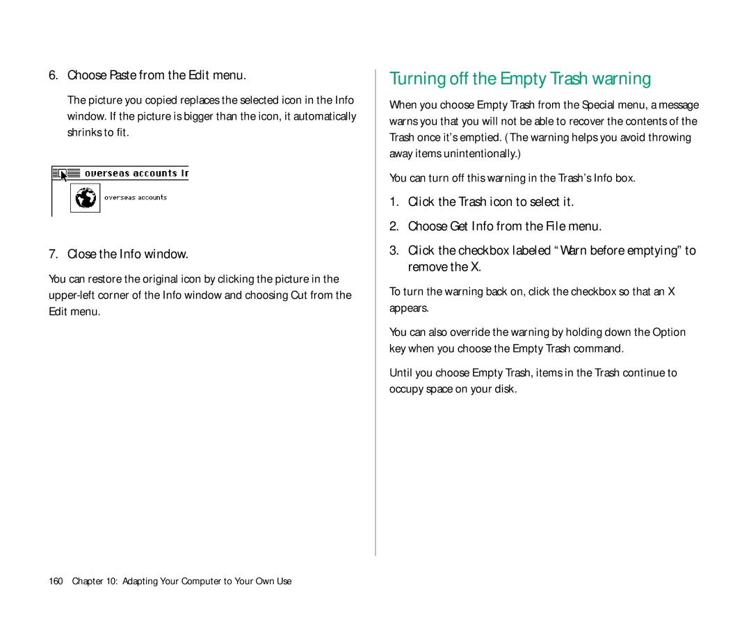 Apple Duo 270C manual Turning off the Empty Trash warning, You can turn off this warning in the Trash’s Info box 