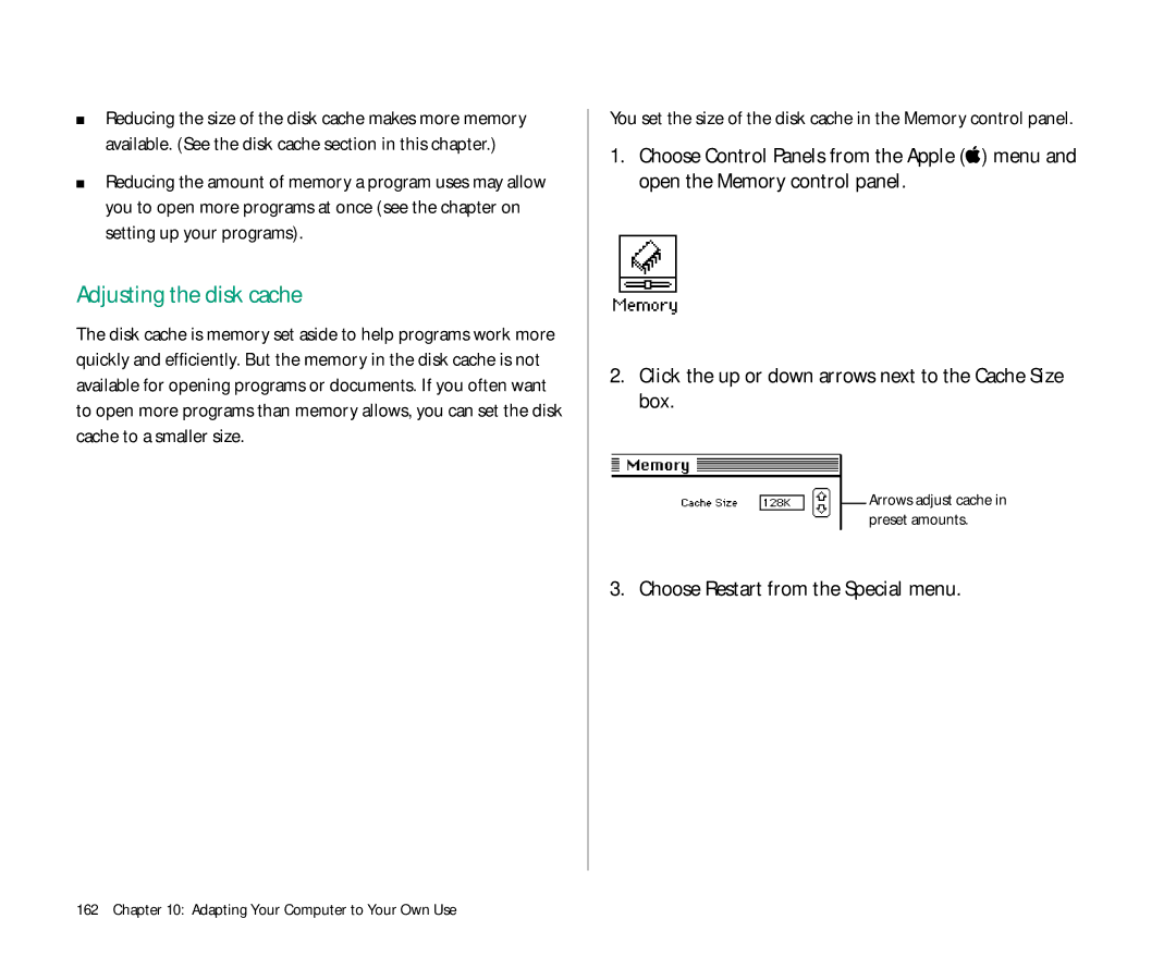 Apple Duo 270C manual Adjusting the disk cache, Choose Restart from the Special menu 