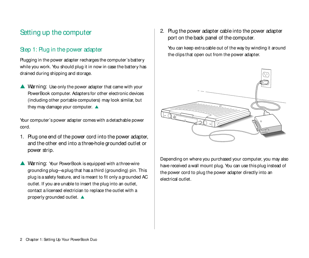 Apple Duo 270C manual Setting up the computer, Plug in the power adapter, Setting Up Your PowerBook Duo 