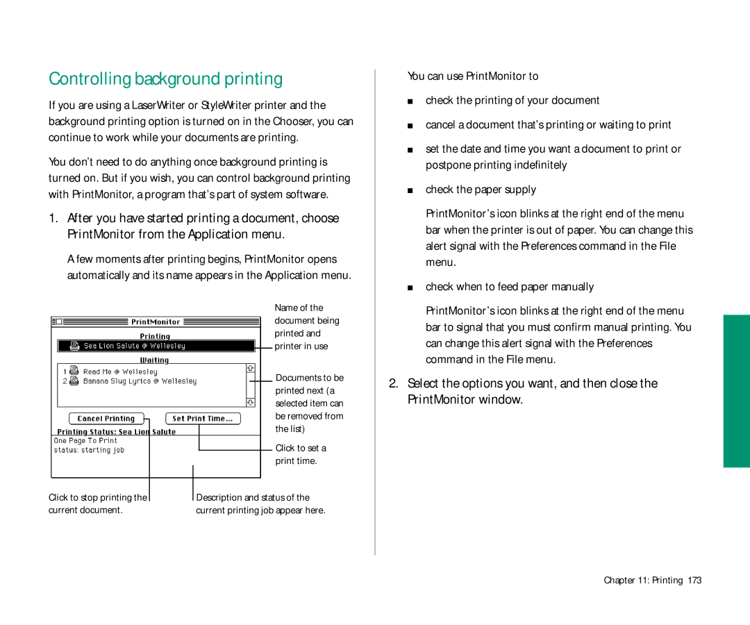 Apple Duo 270C manual Controlling background printing, PrintMonitor window 