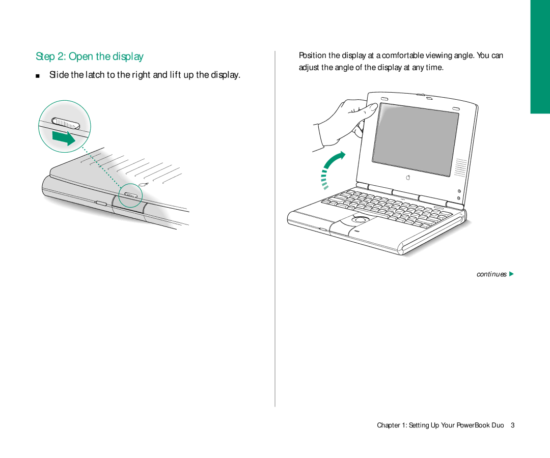 Apple Duo 270C manual Open the display, Slide the latch to the right and lift up the display 