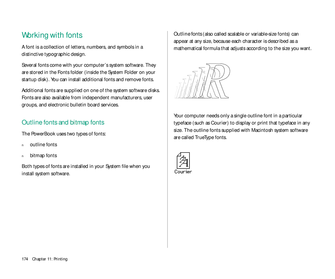 Apple Duo 270C manual Working with fonts, Outline fonts and bitmap fonts 