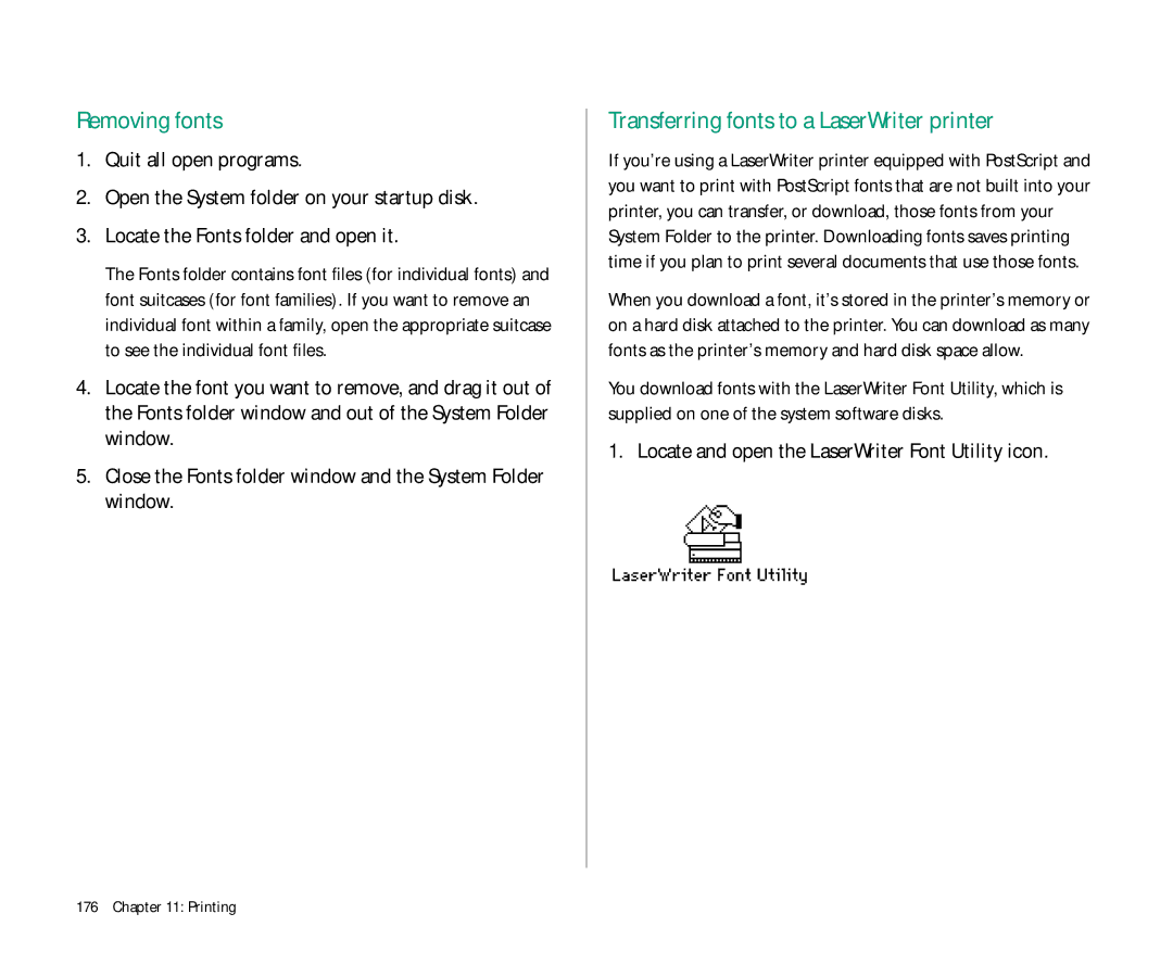 Apple Duo 270C manual Removing fonts, Transferring fonts to a LaserWriter printer 