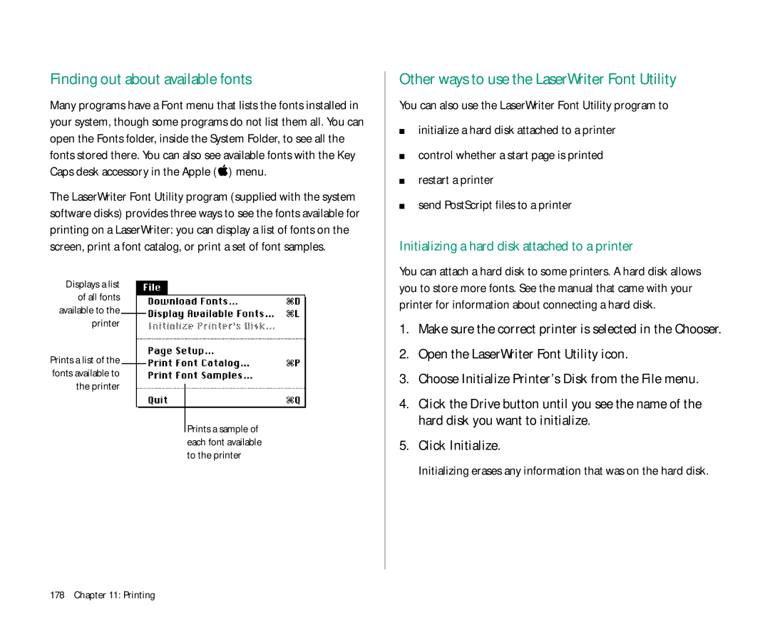 Apple Duo 270C manual Finding out about available fonts, Other ways to use the LaserWriter Font Utility, Click Initialize 