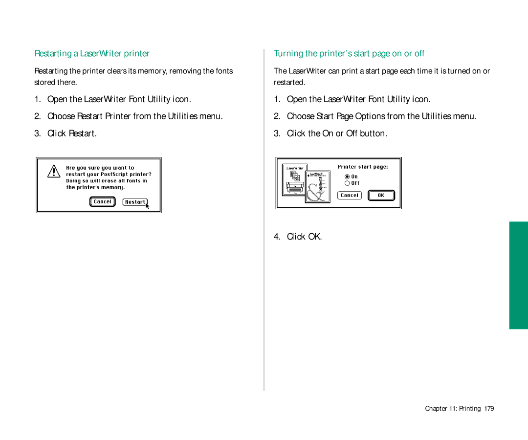 Apple Duo 270C manual Restarting a LaserWriter printer, Turning the printer’s start page on or off 