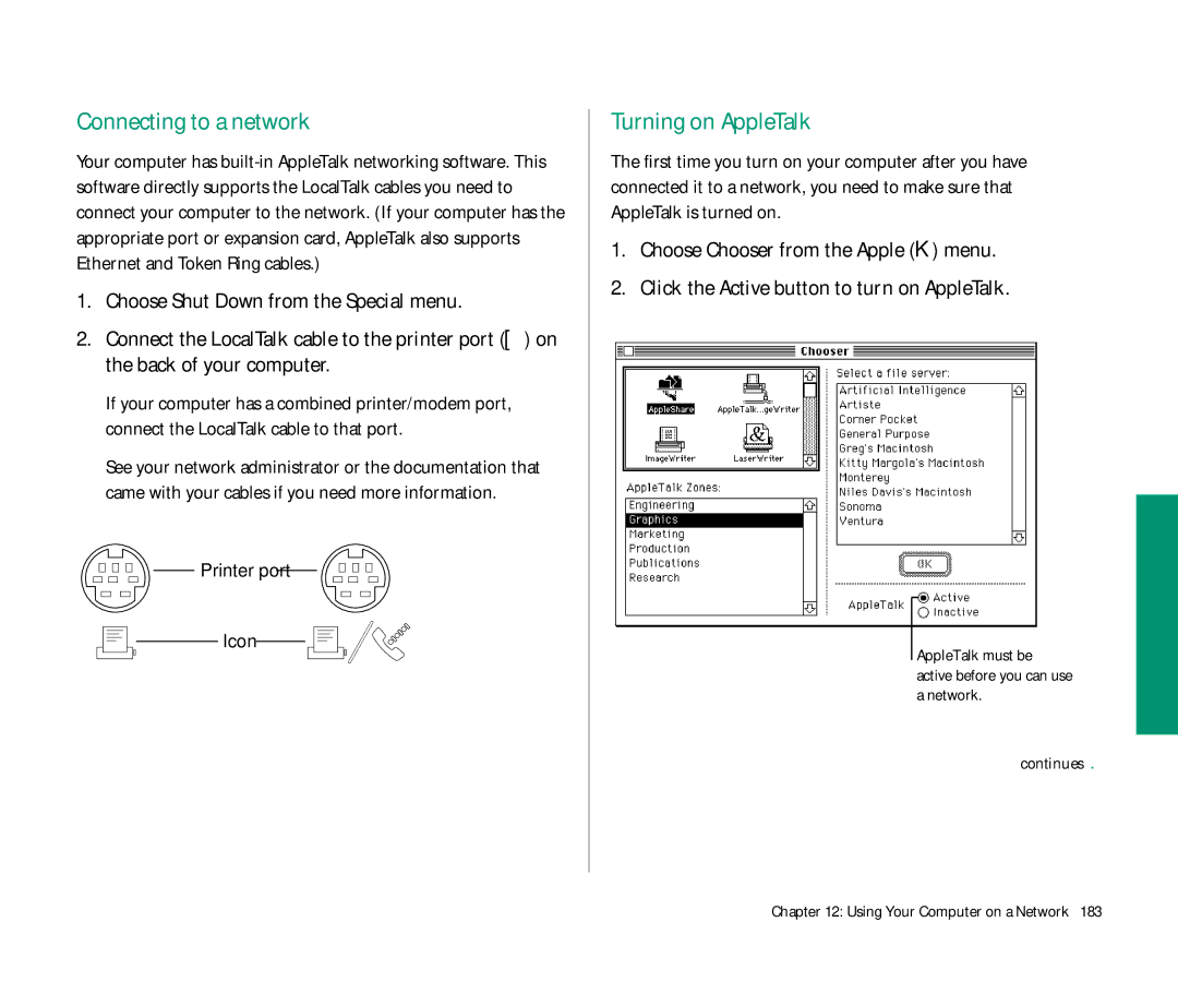 Apple Duo 270C manual Connecting to a network, Turning on AppleTalk, Printer port Icon 