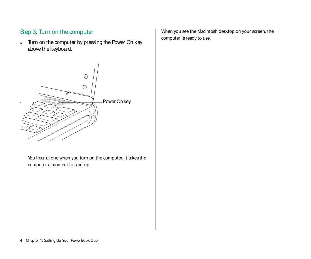 Apple Duo 270C manual Turn on the computer, Power On key 