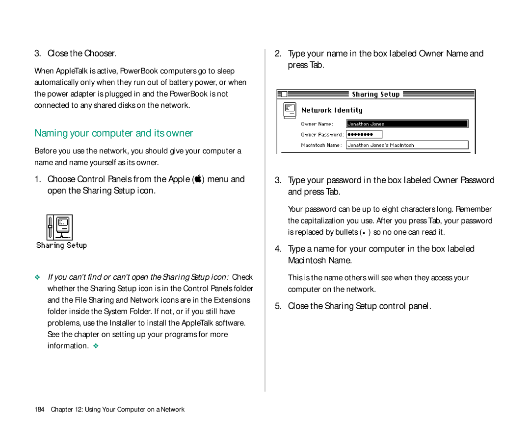 Apple Duo 270C manual Naming your computer and its owner, Close the Sharing Setup control panel 