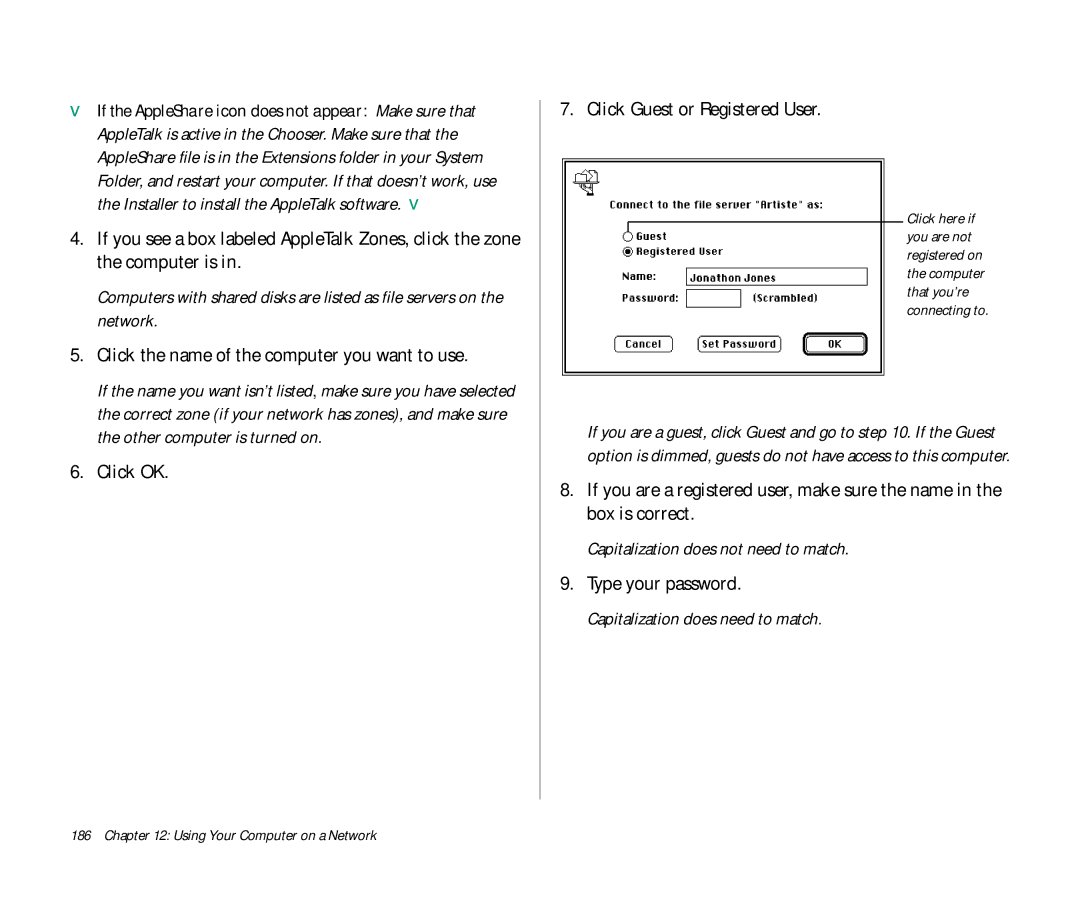 Apple Duo 270C manual Click the name of the computer you want to use, Click OK Click Guest or Registered User 