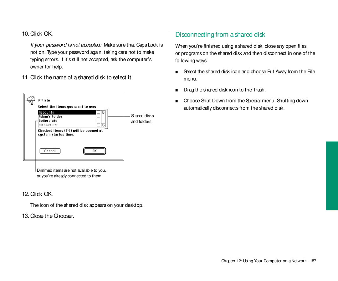 Apple Duo 270C manual Disconnecting from a shared disk, Click the name of a shared disk to select it 