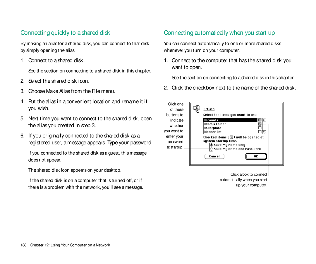Apple Duo 270C Connecting quickly to a shared disk, Connecting automatically when you start up, Connect to a shared disk 