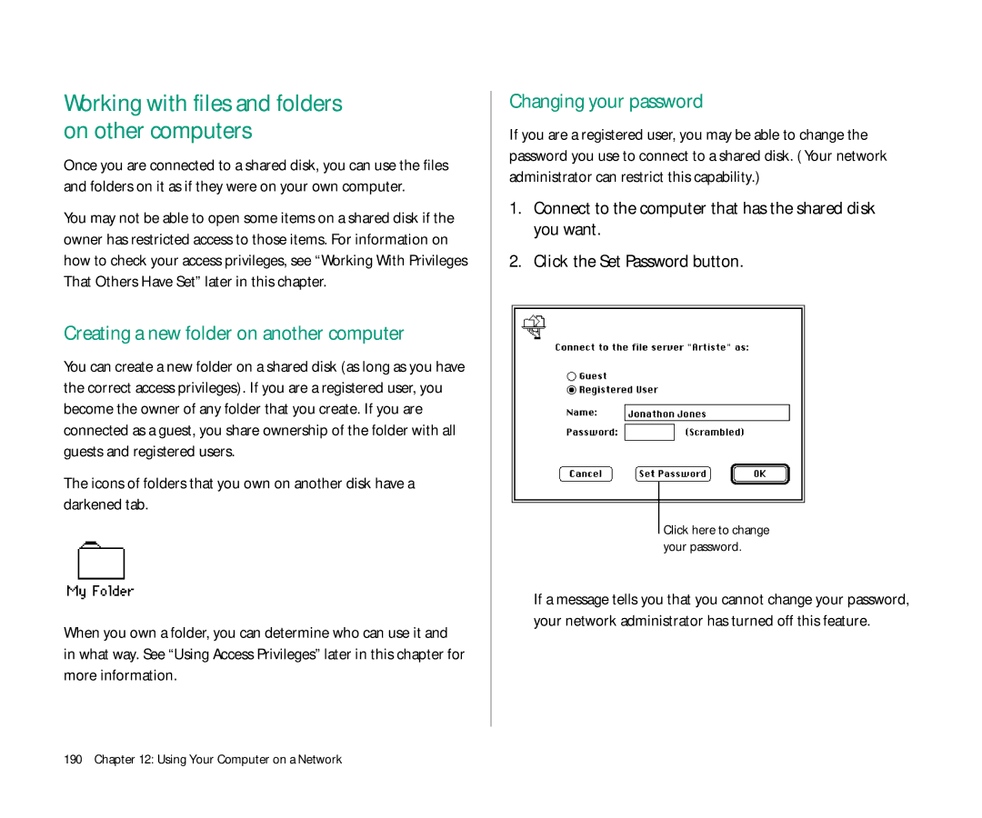 Apple Duo 270C manual Creating a new folder on another computer, Changing your password 