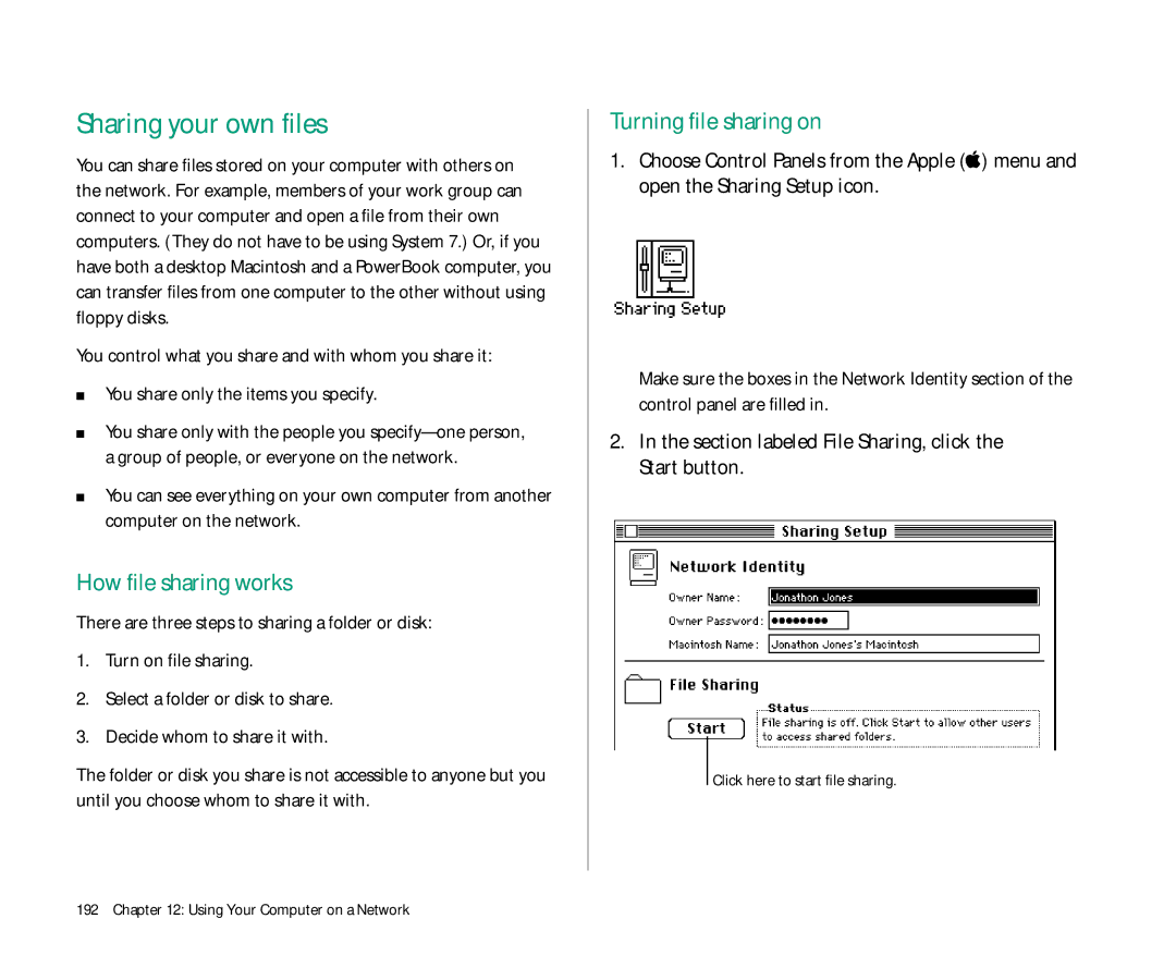 Apple Duo 270C manual Sharing your own files, How file sharing works, Turning file sharing on 