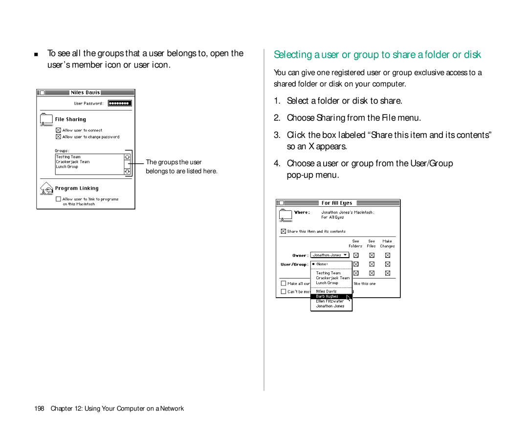 Apple Duo 270C manual Selecting a user or group to share a folder or disk 