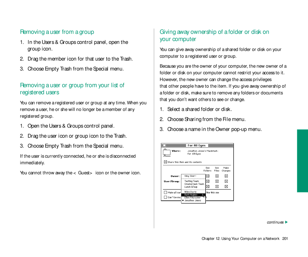 Apple Duo 270C manual Removing a user from a group, Removing a user or group from your list of registered users 