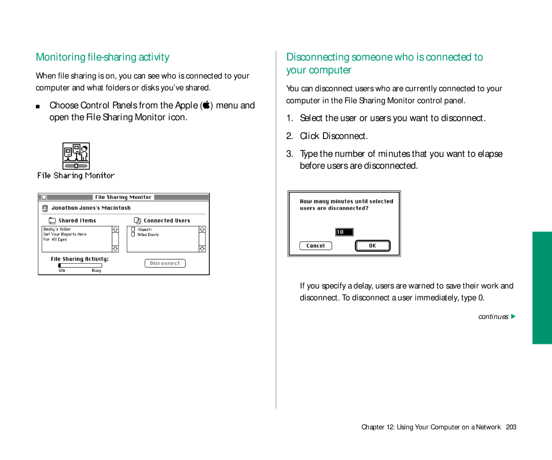 Apple Duo 270C manual Monitoring file-sharing activity, Disconnecting someone who is connected to your computer 