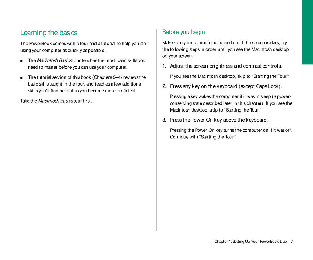 Apple Duo 270C manual Learning the basics, Before you begin, Adjust the screen brightness and contrast controls 