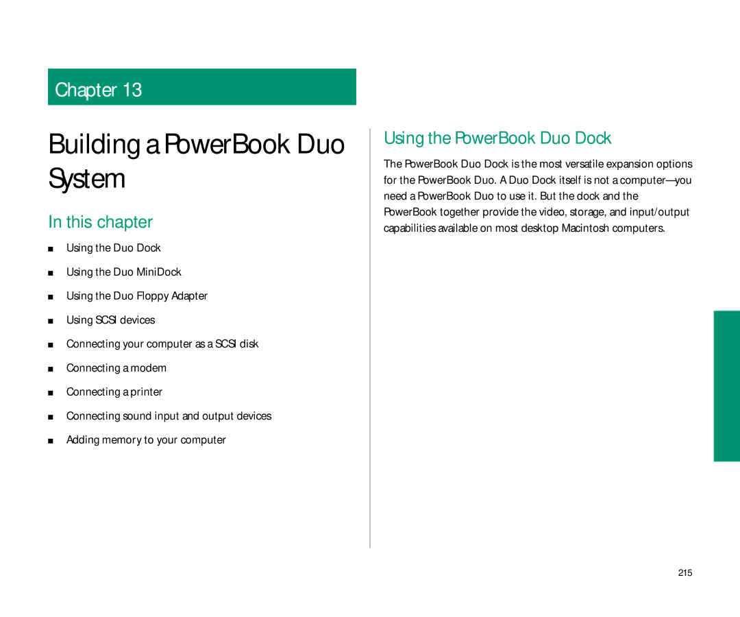 Apple Duo 270C manual Using the PowerBook Duo Dock, 215 