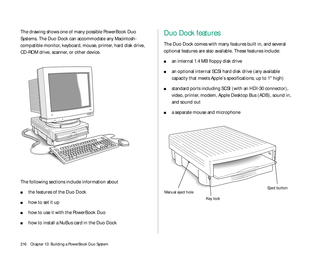 Apple Duo 270C manual Duo Dock features, An internal 1.4 MB floppy disk drive 