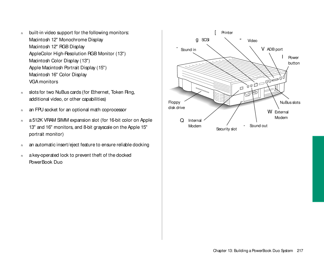 Apple Duo 270C manual VGA monitors, Printer, Scsi Video Sound ADB port Power, Floppy 