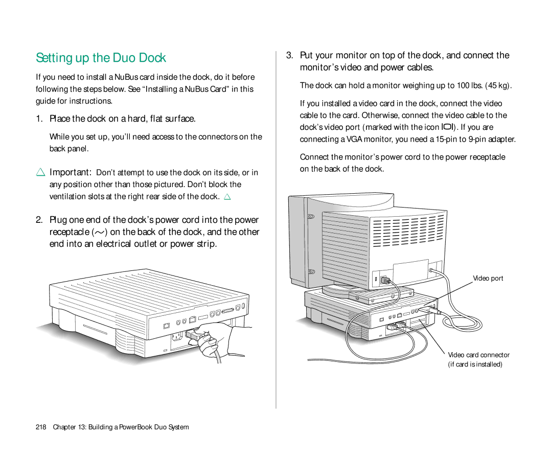 Apple Duo 270C manual Setting up the Duo Dock, Place the dock on a hard, flat surface, Video port 