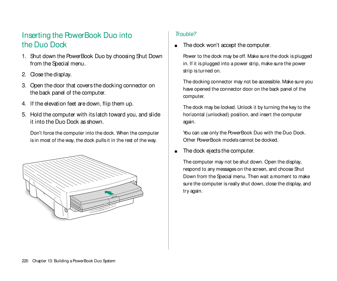 Apple Duo 270C Inserting the PowerBook Duo into the Duo Dock, Dock won’t accept the computer, Dock ejects the computer 