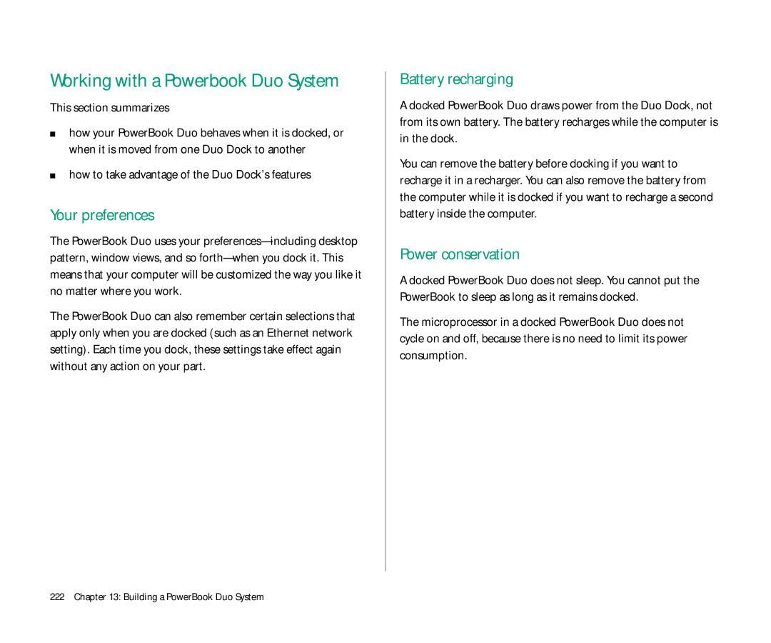 Apple Duo 270C manual Your preferences, Battery recharging, Power conservation, This section summarizes 