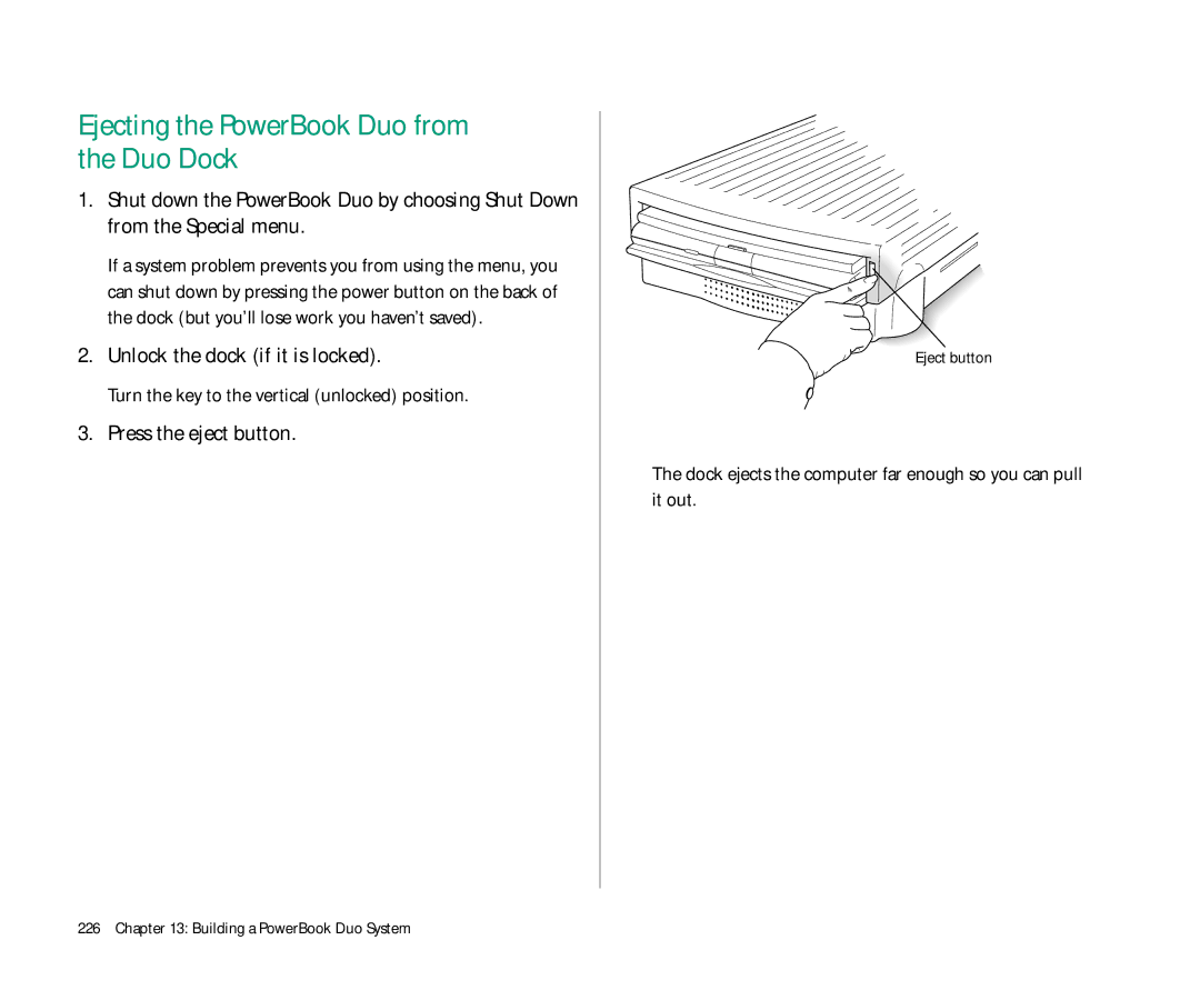 Apple Duo 270C manual Ejecting the PowerBook Duo from the Duo Dock, Unlock the dock if it is locked, Press the eject button 