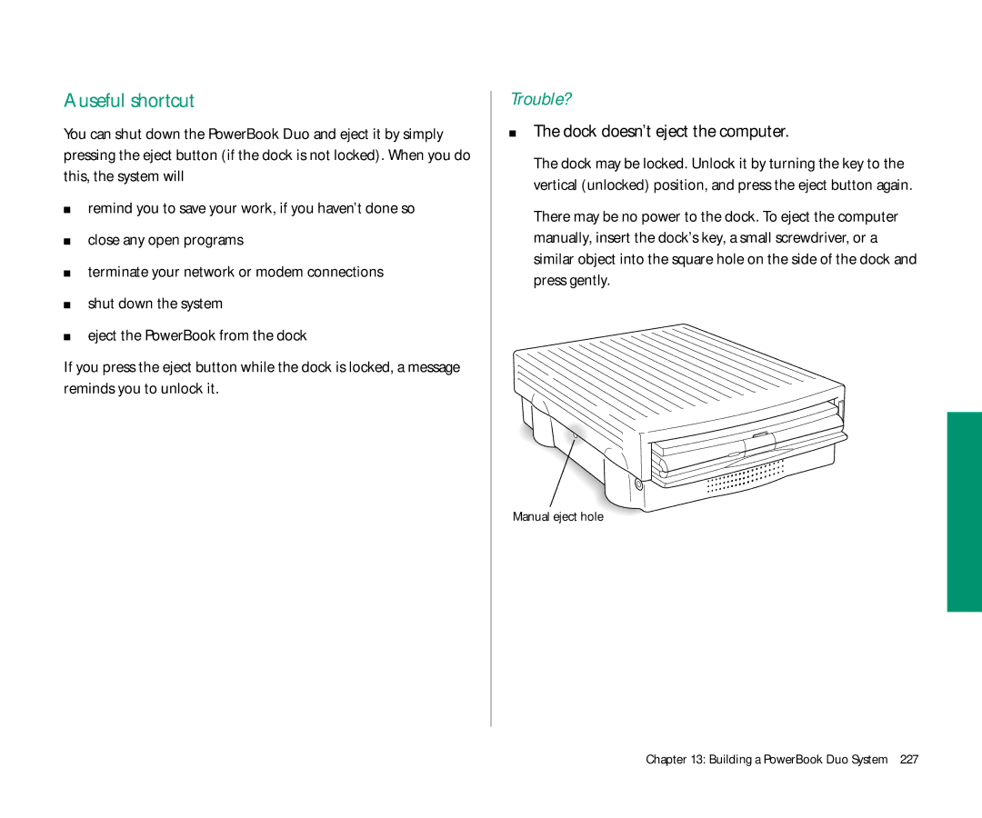 Apple Duo 270C manual Useful shortcut, Dock doesn’t eject the computer 