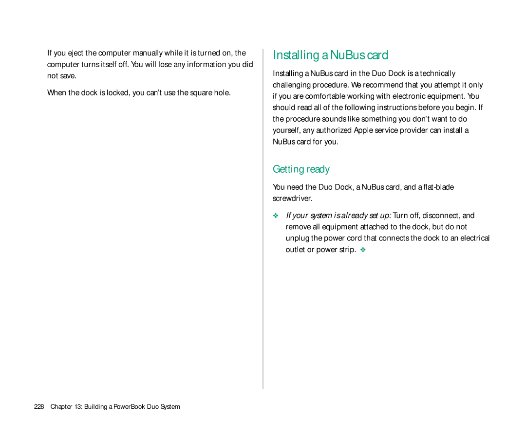 Apple Duo 270C manual Installing a NuBus card, Getting ready, When the dock is locked, you can’t use the square hole 