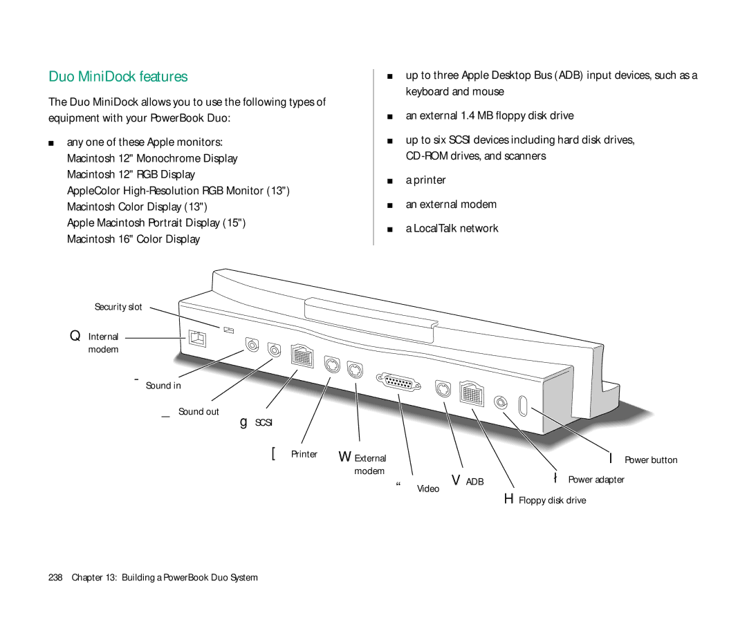 Apple Duo 270C manual Duo MiniDock features, Printer An external modem LocalTalk network, ‚ Security slot, Power adapter 